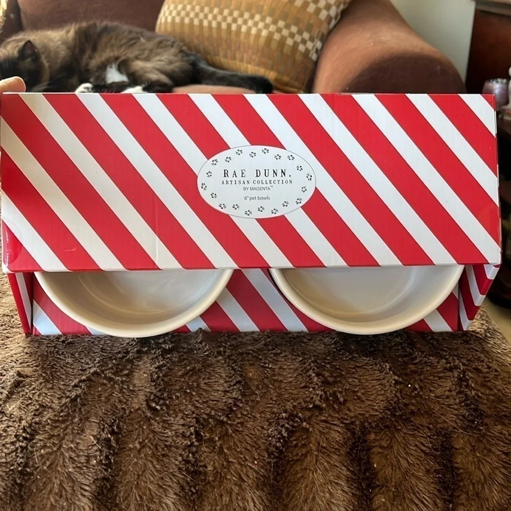 Brand New Rae Dunn 6” Dog Cat Pet Food Bowls Ceramic Naughty Nice Christmas